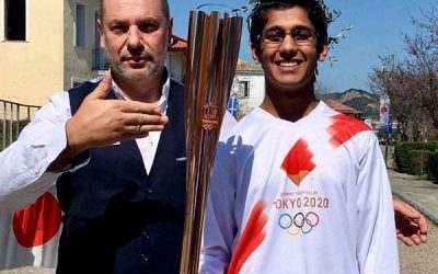 John and Atharva at Olympia with the 2020 / 2021 Olympic torch