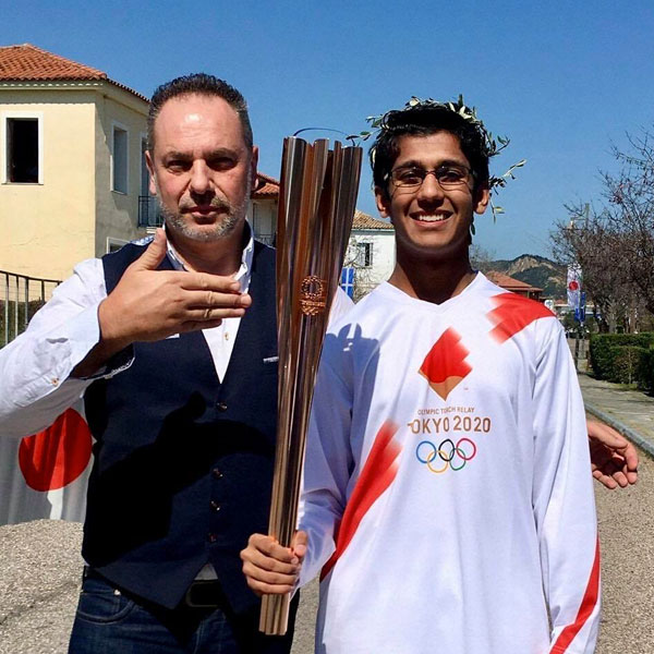 John and Atharva at Olympia with the 2020 / 2021 Olympic torch