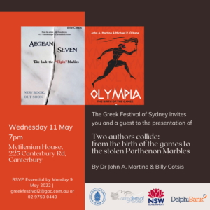 Official invitation - 'Two Authors Collide'. 40th Greek Festival of Sydney. May. 2022