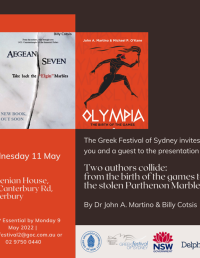 Official invitation - 'Two Authors Collide'. 40th Greek Festival of Sydney. May. 2022